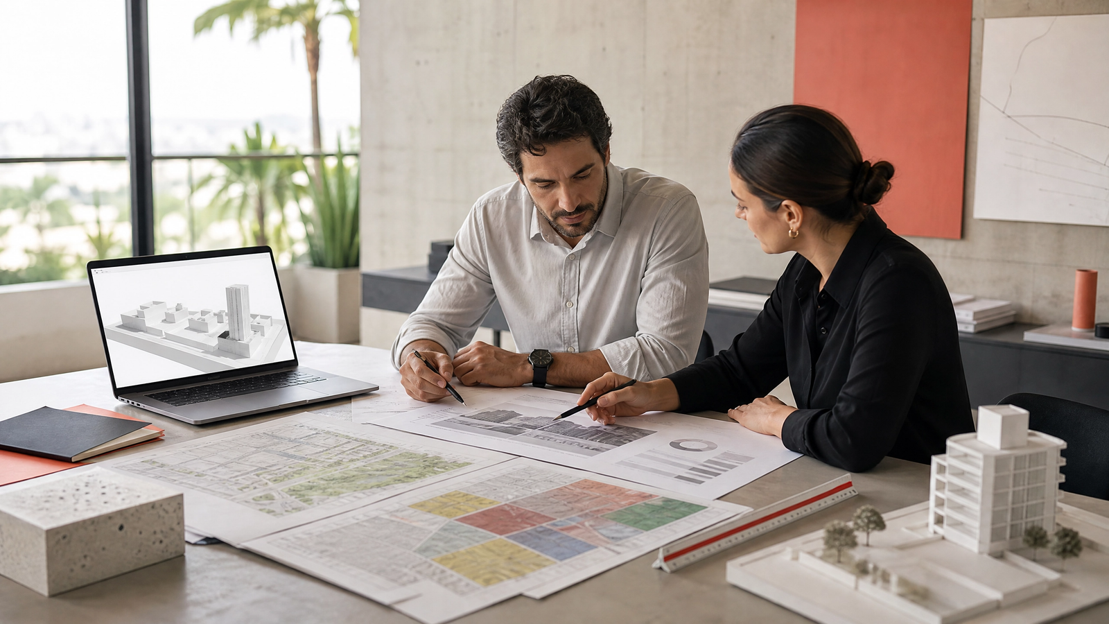 Arquiteto e engenheiro analisando estudo de viabilidade arquitetônica com planta e mapa urbanístico