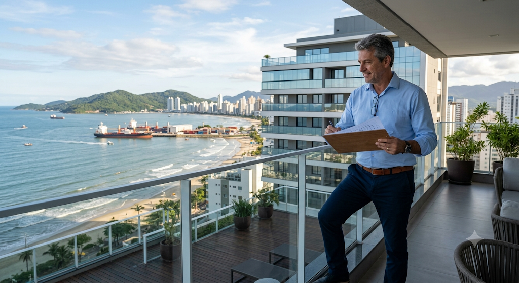 Arquiteto avaliando imóvel com vista para o mar em Itajaí