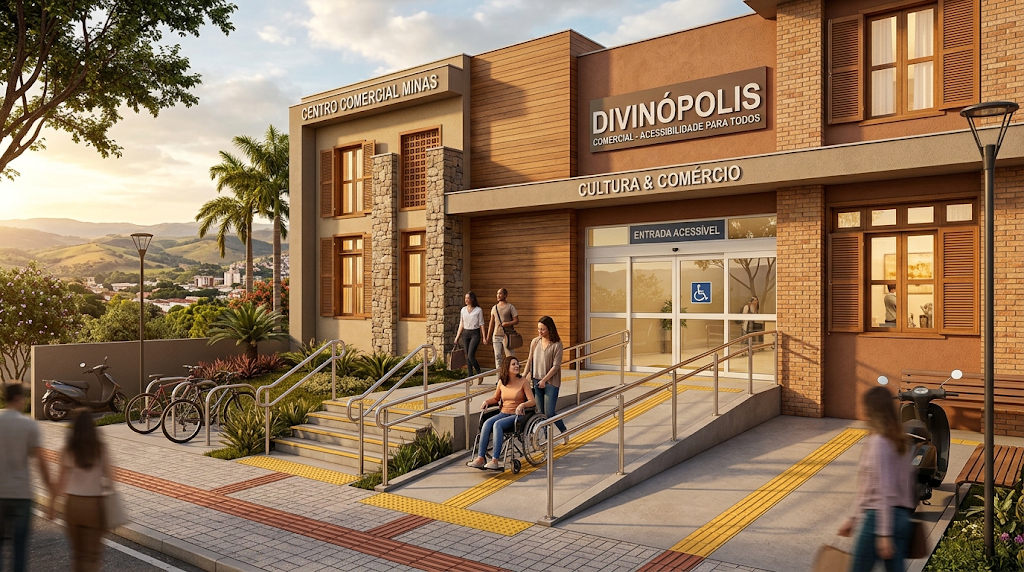 Prédio comercial acessível em Divinópolis com rampa, corrimãos e piso tátil, ilustrando a Certidão de Acessibilidade exigida para o Alvará de Funcionamento