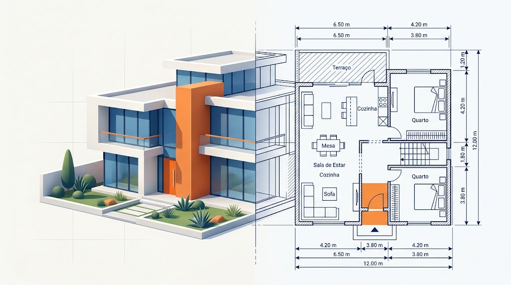 Ilustracao mostrando a transformacao de um modelo 3D de arquitetura em planta baixa tecnica, representando o LayOut do SketchUp
