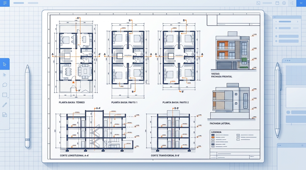 Ilustracao de uma prancha tecnica de arquitetura com plantas baixas, cortes, fachadas e legenda, representando a organizacao de pranchas no LayOut do SketchUp