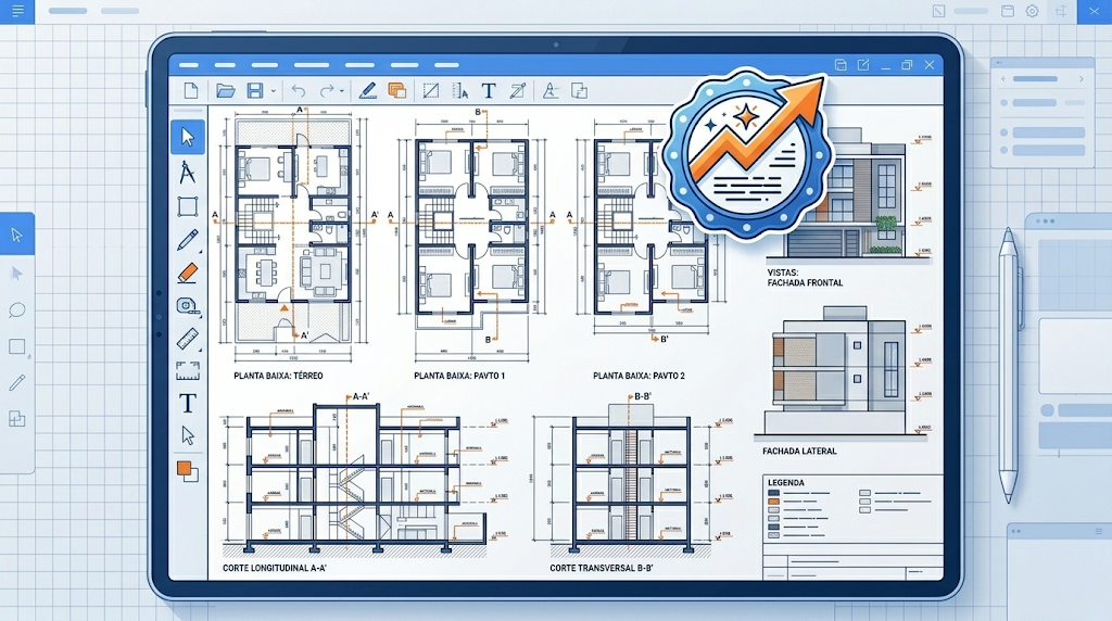Ilustracao de um tablet exibindo o LayOut do SketchUp com pranchas tecnicas e um icone de atualizacao, representando as novidades do SketchUp 2026