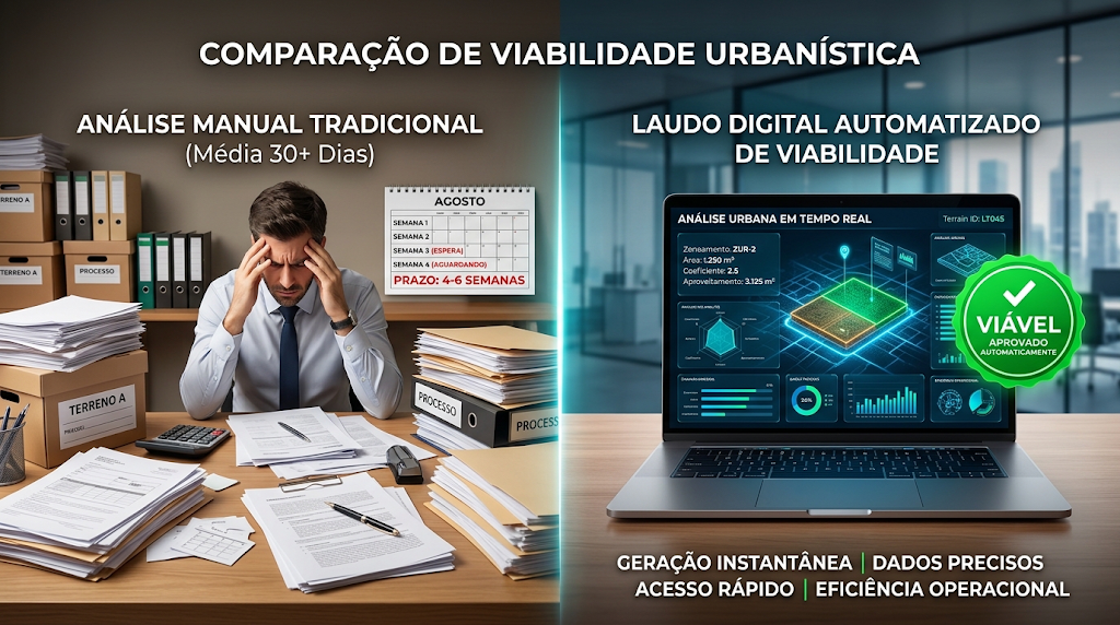 Comparativo entre análise manual de zoneamento e laudo de viabilidade urbanística online instantâneo.