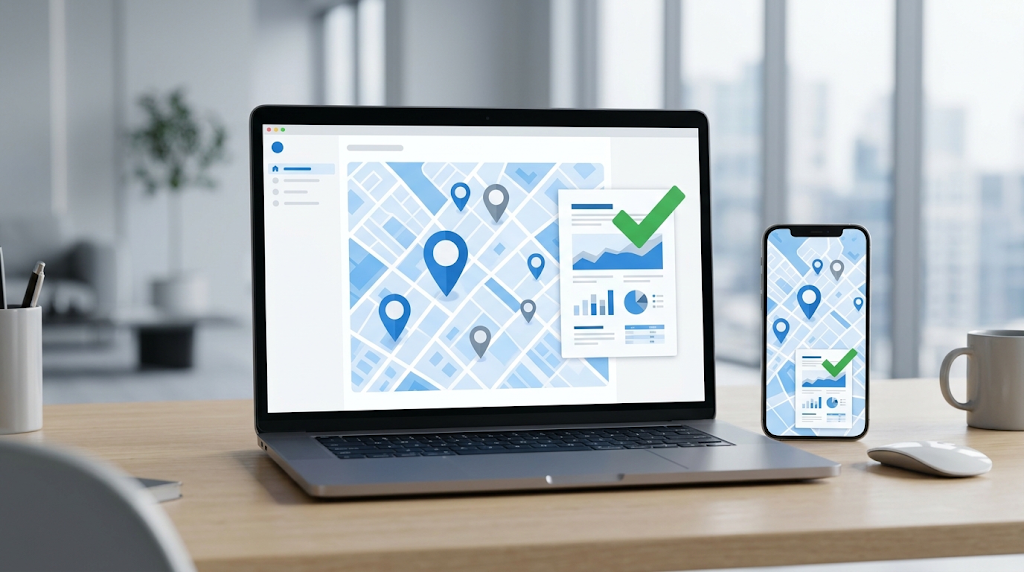 Laptop com mapa urbano e relatório digital de consulta de viabilidade de terreno em Balneário Camboriú
