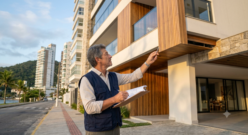 Arquiteto realizando vistoria técnica na fachada de um prédio