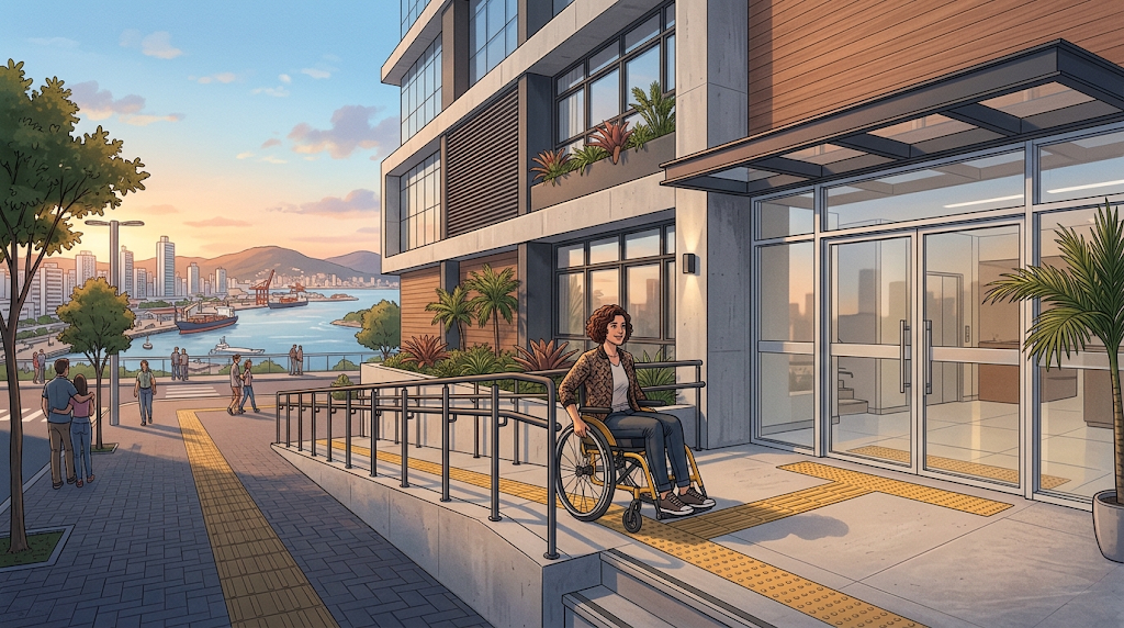 Pousada acessível em Itapema com rampa e piso tátil, ilustrando o laudo de acessibilidade exigido pelo Código de Obras
