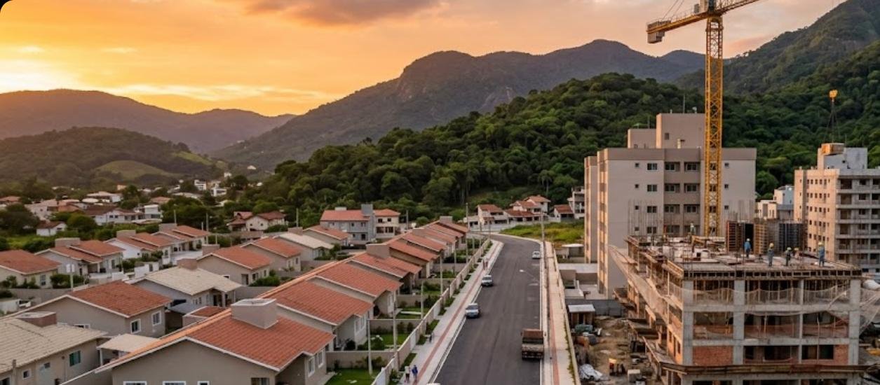Bairro em expansão em Camboriú SC com prédio em construção e casas novas ao entardecer