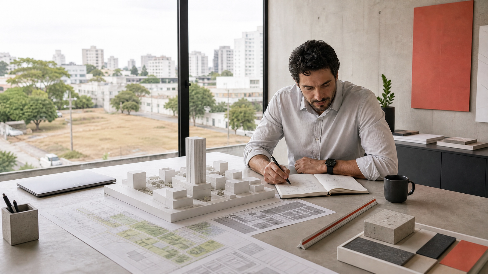 Empreendedor analisando o potencial construtivo de um terreno com maquete e dados urbanísticos