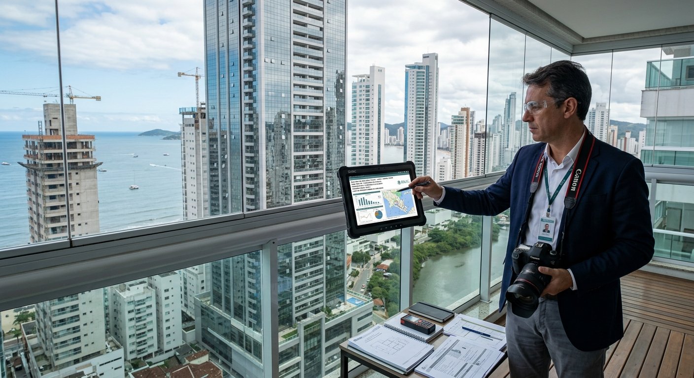 Arquiteto avaliador analisando avaliação de imóveis no Vale do Itajaí conforme a norma NBR 14653