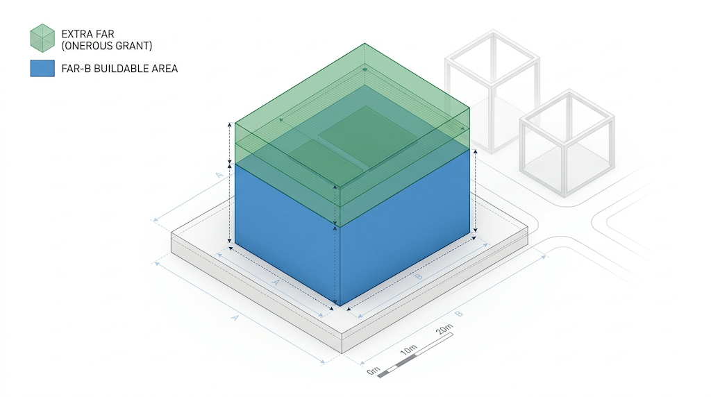Diferenças de volumetria entre potencial construtivo básico e potencial máximo via outorga onerosa.