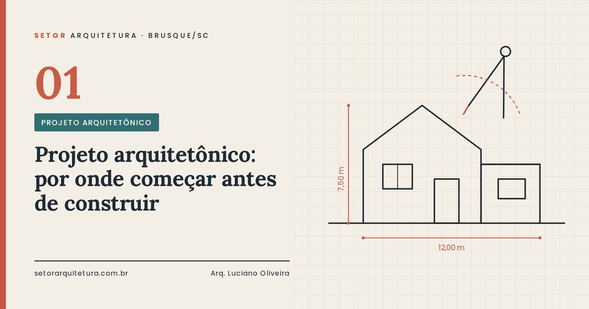 Ilustração de fachada de casa com cotas e compasso — projeto arquitetônico em Brusque