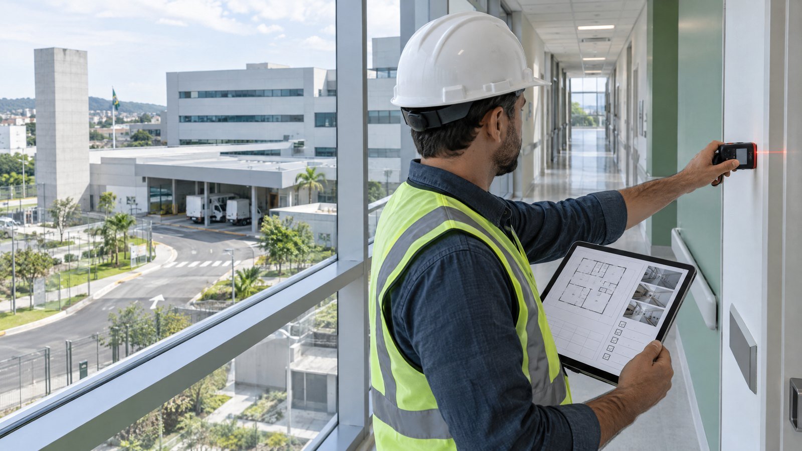Arquiteto com capacete e colete medindo corredor de hospital com trena a laser e checklist de vistoria no tablet, com o complexo hospitalar ao fundo