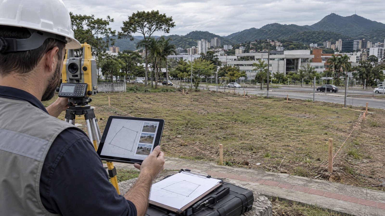 Profissional com estação total e tablet com o contorno do lote durante levantamento de terreno urbano demarcado com estacas, junto a uma avenida em Joinville